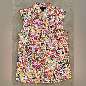 Apostrophe Stretch Sleeveless Floral Blouse - Button Up - Ruffled Arm Holes